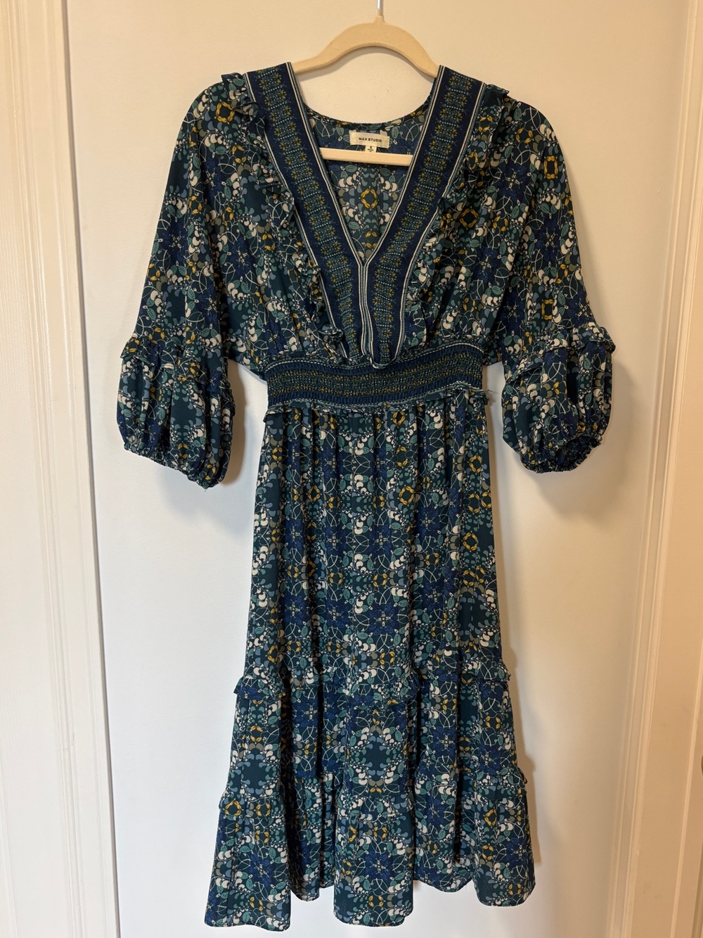 Max Studio Blue Floral Tiered Maxi Dress Small Flowy Summer Modest
